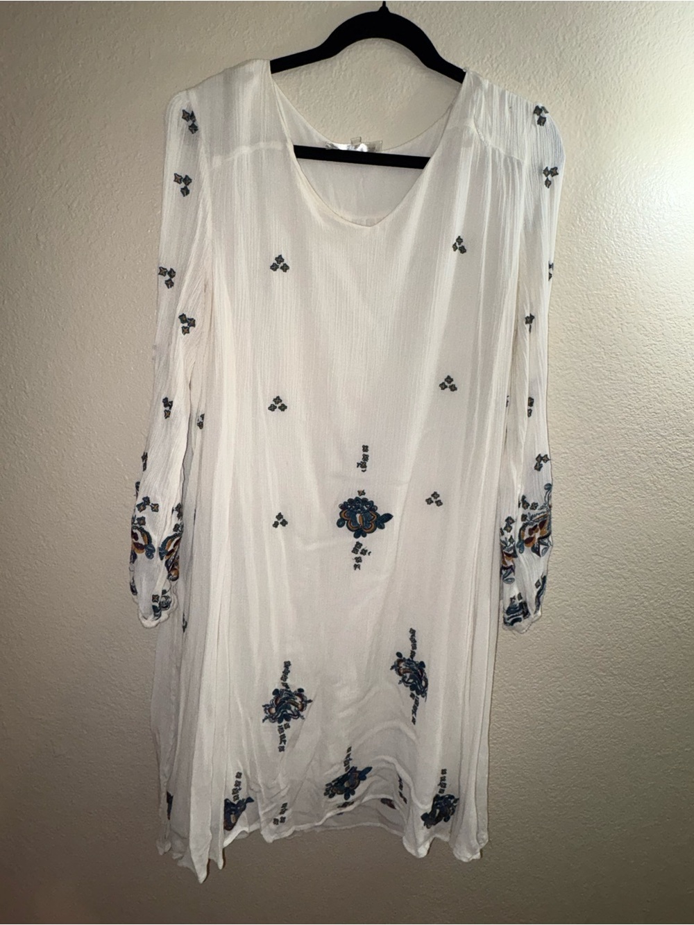 Embroidered White Midi Dress with Blue Floral Accents